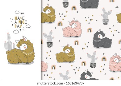 Cute cartoon little baby lama character card and seamless pattern. Hand drawn illustration. Surface design