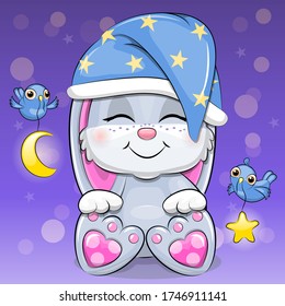 Cute cartoon little baby rabbit in the night cap. Vector illustaration of animal with birds, star and moon on the dark background.