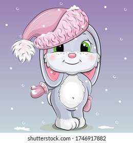 Cute cartoon little baby rabbit in the pink winter hat and gloves. Winter vector illustration with animal and snow.