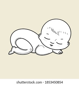 The cute cartoon little baby sleeps on his stomach. Vector illustration, drawing in simple lines.