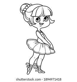 Cute cartoon little ballerina girl in lush tutu outlined for coloring isolated on a white background