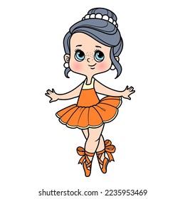 Cute cartoon little ballerina girl in lush tutu standing on toes in pointe shoes color variation for coloring page isolated on a white background