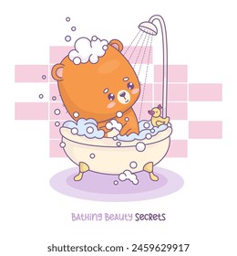 Cute cartoon little bear bathes in bath with foam and rubber duck. Cool card with funny kawaii animal character in shower in bathroom. Vector illustration. Kids collection.