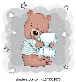 Cute cartoon cute little bear hugs pillow Baby print for baby, baby clothes, poster, card. Vector illustration