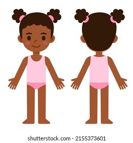 Cute Cartoon Little Black Girl In Underwear, Front And Back, Body Part Anatomy Template. Isolated Vector Illustration.