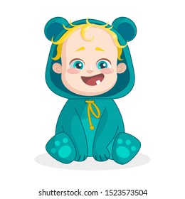 Cute cartoon little blond boy with blue eyes in a blue bear costume. Vector illustration for birthday card, concept for children's clothing store, gifts for children, isolated on white background.