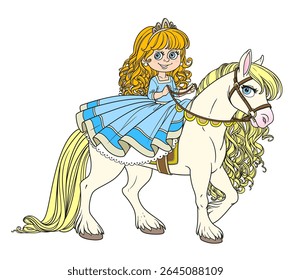 Bonito desenho animado pequena loira princesa montando em um cavalo branco com juba dourada sobre fundo branco 