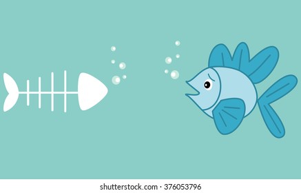cute cartoon little blue fish and fish bone funny humor concept vector illustration about dead