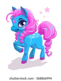 Cute cartoon little blue horse with pink hair, beautiful pony princess character, vector illustration isolated on white