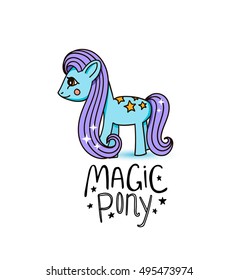 Cute cartoon little blue horse with lilac hair, beautiful magic pony princess character, vector kids illustration isolated on white. My little pony svg