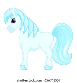 Cute cartoon little blue horse blue hair, decorate symbol vector illustration isolated on white.