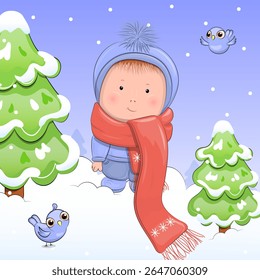 Cute cartoon Little Boy in a blue hat and red scarf in nature. Winter vector illustration of a little man with blue birds, green firs, white snow on a blue background.