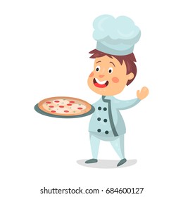 Cute cartoon little boy chef character holding a pizza in a cooking tray vector Illustration