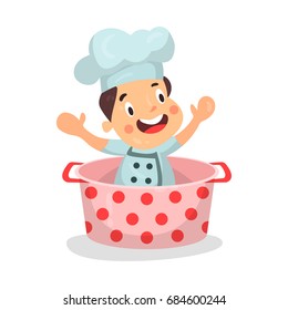 Cute cartoon little boy chef character sitting in a dotted pan vector Illustration