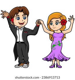 Cute cartoon little boy and girl dancing