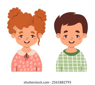 Cute cartoon little boy and girl with curly hairstyle. Vector illustration. Smiling anime children characters isolated on white background