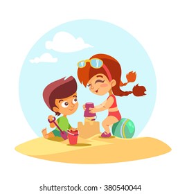 Cute cartoon little boy and girl building sand castle on summer beach.Kids playing on summer beach. Vector illustration