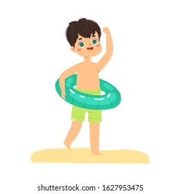 Cute cartoon little boy have fun and jumping on the beach with inflatable rubber circle on vacation. Happy kid having fun in the summer time, swimming pool party. Vector illustration