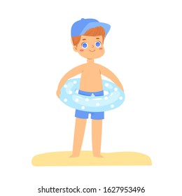 Cute cartoon little boy have fun and jumping on the beach with inflatable rubber circle on vacation. Happy kid having fun in the summer time, swimming pool party. Vector illustration