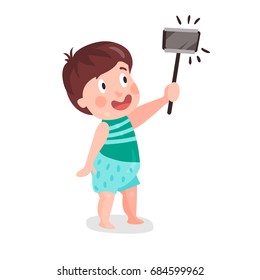 Cute cartoon little boy making selfie with a stick colorful character vector Illustration