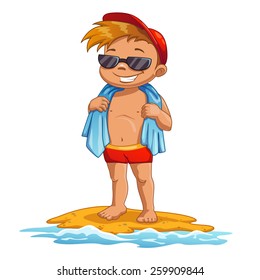 Cute cartoon little boy on the beach, sunbathes in the sun