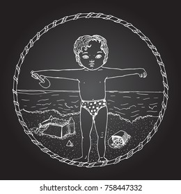 Cute cartoon little boy on the beach, building sandcastle. Hand drawn vector illustration. Chalk board drawing