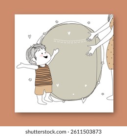 Cute Cartoon Little Boy Open Arms Like as His Mother Hugs for Happy Mother's Day Illustration.