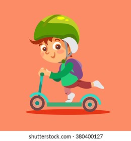 Cute cartoon little boy riding kid scooter. Vector illustration