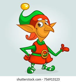 Cute cartoon little boy Santa helper elf stand on white background isolated. Christmas chracter presenting