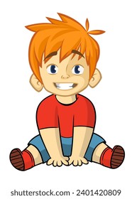 Cute cartoon little boy sitting. 
Vector illustration of a teenager wearing casual clothes outlined.