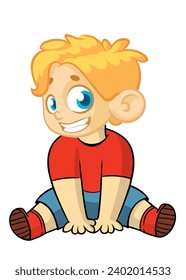 Cute cartoon little boy sitting. 
Vector illustration of a teenager wearing casual clothes outlined.