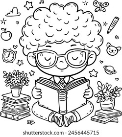 Cute cartoon little boy sitting and reading a book. Isolated black and white vector illustration. Kids education clipart