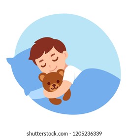 Cute cartoon little boy sleeping with teddy bear. Simple vector illustration.