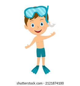 cute cartoon little boy  with snorkeling gear, illustration,vector
