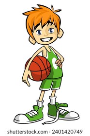 Cute cartoon little boy. 
Vector illustration of a teenager basketball player