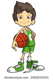 Cute cartoon little boy. 
Vector illustration of a teenager basketball player