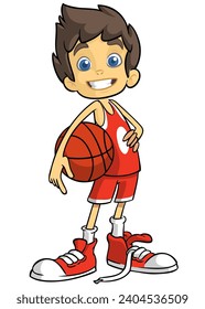Pequeño caricatura. 
Ilustración vectorial de un adolescente jugador de baloncesto