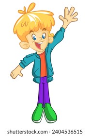 Cute cartoon little boy. 
Vector illustration of a teenager wearing casual clothes outlined.