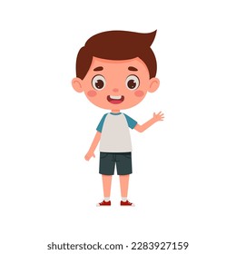 Cute cartoon little boy waving his hand. Little schoolboy character. Vector illustration.