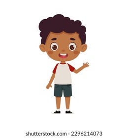 Cute cartoon little boy waving his hand. Little schoolboy character. Vector illustration.