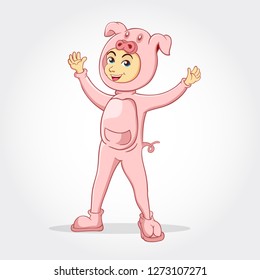 cute cartoon little boy wearing a piggy costume isolated on white background