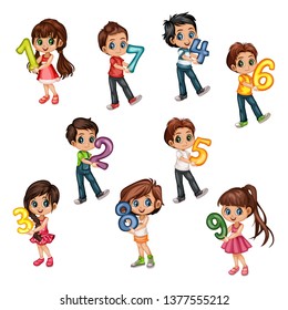 Cute Cartoon Little Boys and Girls Holding Numbers From One to Nine. Beautiful Young Male and Female Kids Wearing Beautiful Clothes Isolated on White Background
