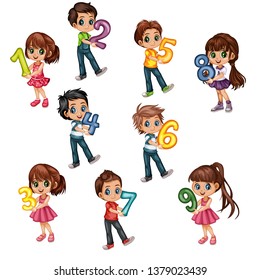 Cute Cartoon Little Boys and Girls Holding Numbers From One to Nine. Beautiful Young Male and Female Kids Wearing Beautiful Clothes Isolated on White Background

