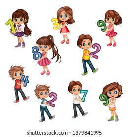 Cute Cartoon Little Boys and Girls Holding Numbers From One to Nine. Beautiful Young Male and Female Kids Wearing Beautiful Clothes Isolated on White Background
