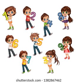 Cute Cartoon Little Boys and Girls Holding Numbers From One to Nine. Beautiful Young Male and Female Kids Wearing Beautiful Clothes Isolated on White Background
