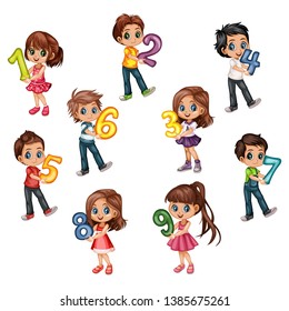 Cute Cartoon Little Boys and Girls Holding Numbers From One to Nine. Beautiful Young Male and Female Kids Wearing Beautiful Clothes Isolated on White Background
