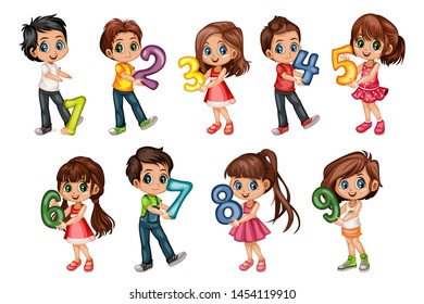 Cute Cartoon Little Boys and Girls Holding Numbers From One to Nine and Mathematical Operations. Beautiful Young Male and Female Kids Wearing Beautiful Clothes Isolated on White Background
