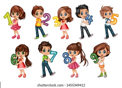 Cute Cartoon Little Boys and Girls Holding Numbers From One to Nine and Mathematical Operations. Beautiful Young Male and Female Kids Wearing Beautiful Clothes Isolated on White Background
