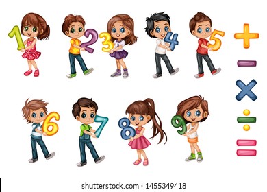 Cute Cartoon Little Boys and Girls Holding Numbers From One to Nine and Mathematical Operations. Beautiful Young Male and Female Kids Wearing Beautiful Clothes Isolated on White Background
