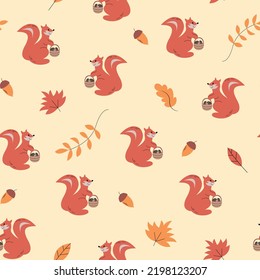 Cute cartoon little bright squirrel pattern. Vector squirrel pattern with mushrooms, leaves and acorns. Hello autumn vector illustration. Children bright background.